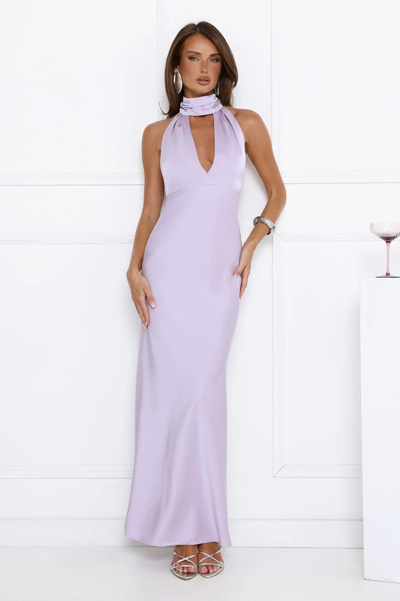 Summer Flame Kiss Halter Satin Maxi Dress Lilac